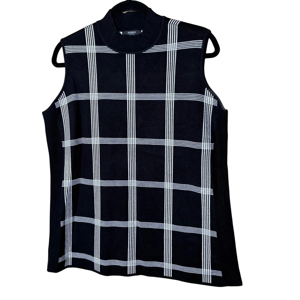 Alfani Woman 1X Top Black White Mock Neck Sleeveless Knit Career Preppy Modest